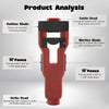 A red door latch mortise installation kit showing guide head, mortise blade, and strike head components.