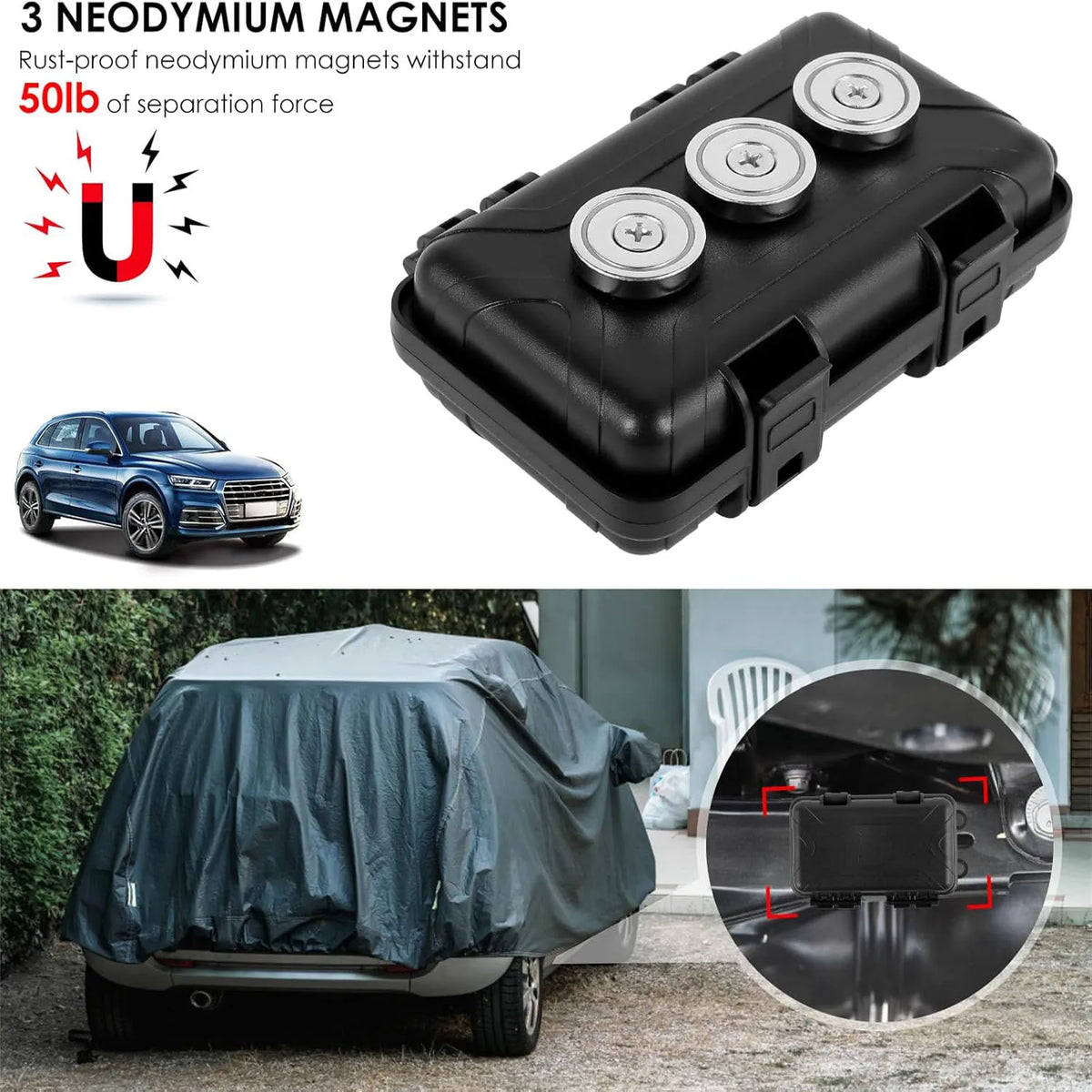 Black magnetic key hider box with neodymium magnets for under-car storage