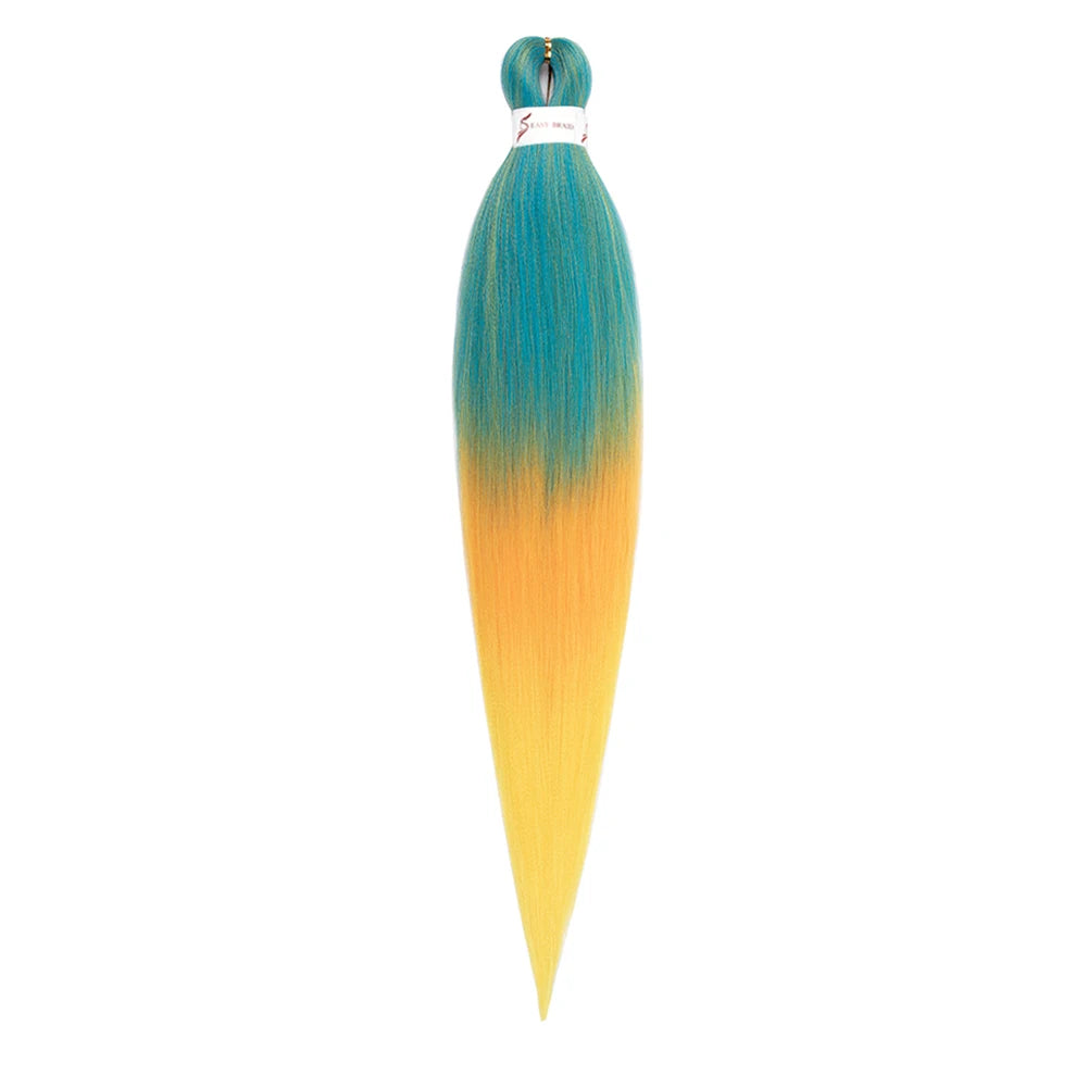 Vorgestreckte Ombre-Flecht-Haarerweiterungen in Teal- und leuchtend-orangen Farben.