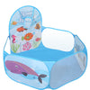 A blue foldable ball pit playpen with an ocean theme featuring fish and a basketball hoop.