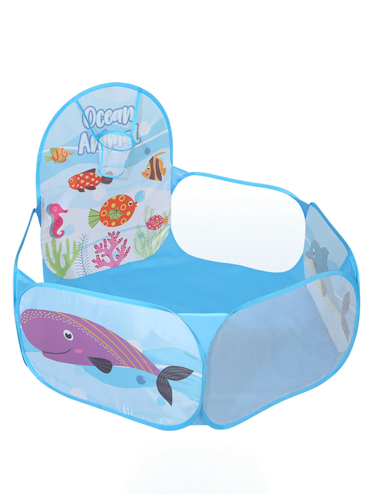 A blue foldable ball pit playpen with an ocean theme featuring fish and a basketball hoop.