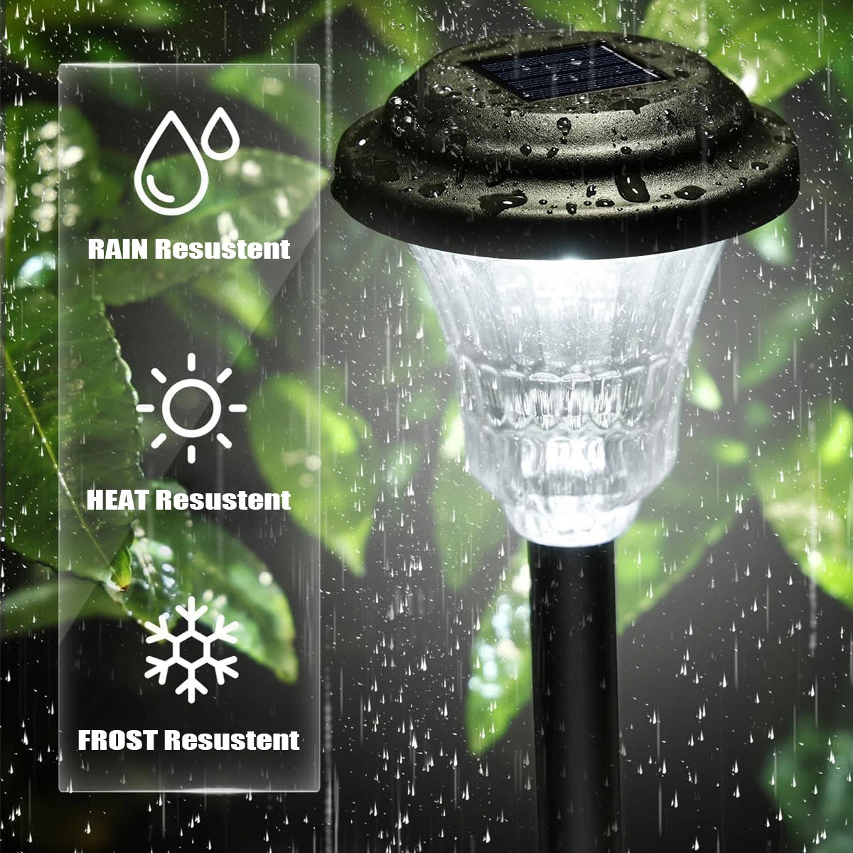 A black solar-powered LED pathway light fixture with indicators for rain, heat, and frost resistance.