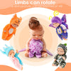 A set of mini reborn baby dolls with various outfits and limbs that can rotate.