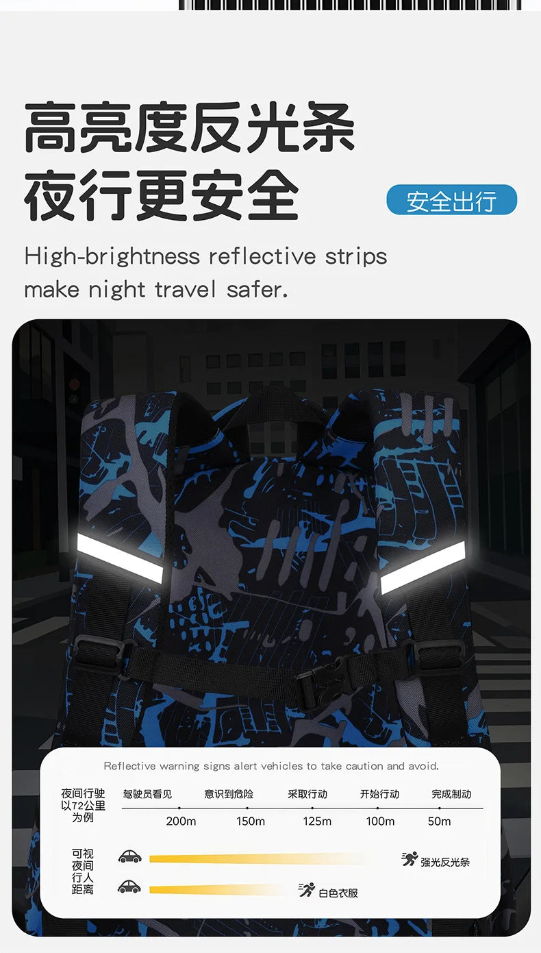 Nahaufnahme eines Rucksacks mit hochreflektierenden Streifen für die Sicherheit beim Reisen in der Nacht.