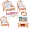A set of miniature dollhouse furniture including a tufted armchair, sofa, bench, and cabinet in a light pink color.