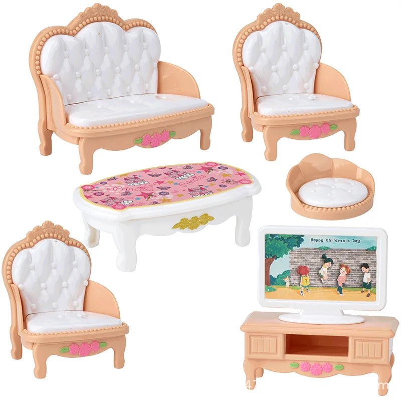 A set of miniature dollhouse furniture including a tufted armchair, sofa, bench, and cabinet in a light pink color.