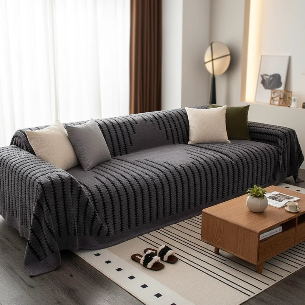 A dark gray woven sofa cover with a vertical striped pattern is displayed on a light rug in a modern living room.