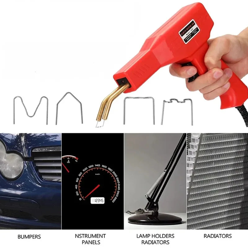A hand holds a red plastic welding hot stapler kit showing various metal shapes and car components like bumpers, panels, lamp