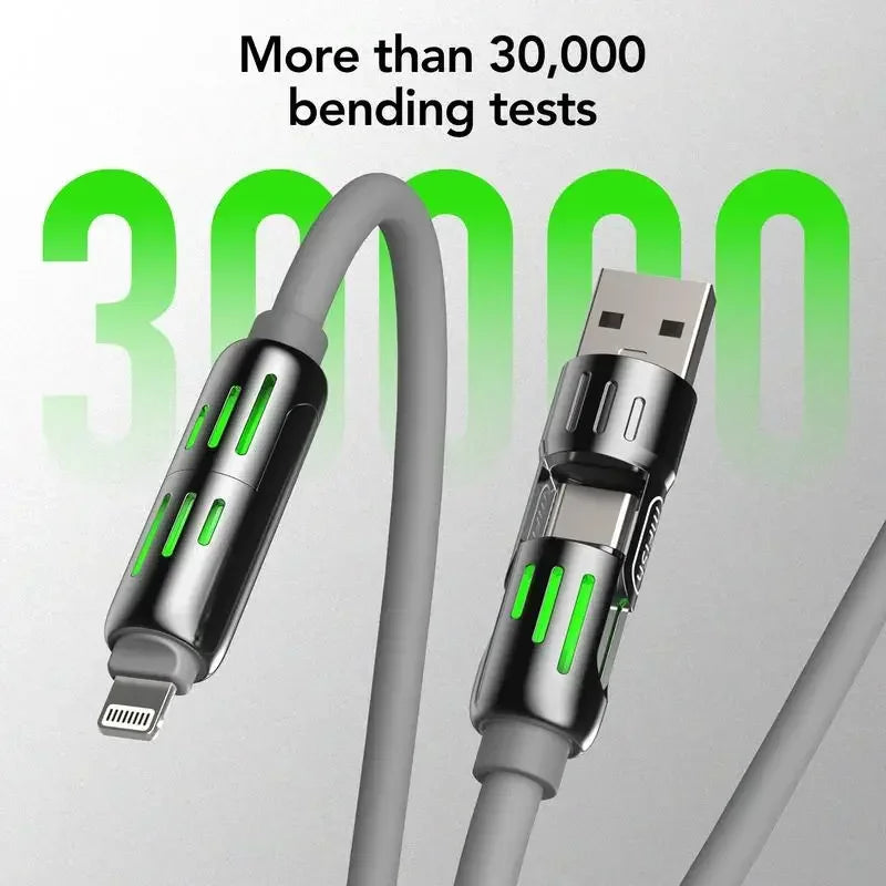 A silver USB-C cable with a connector featuring multiple bending tests visible on the surface.