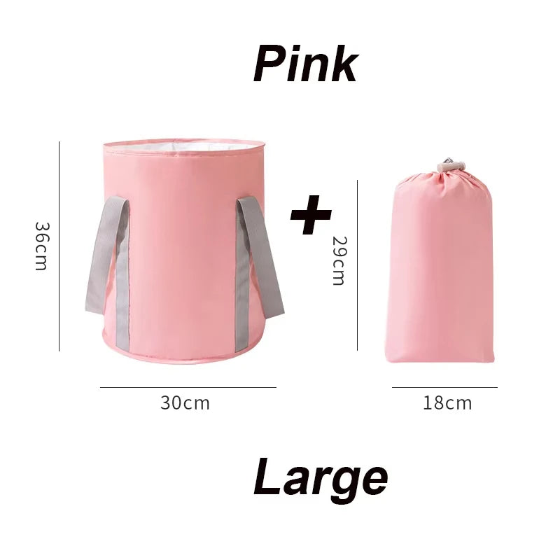 Pink collapsible foot bath tub with a gray storage bag shown next to a large version.