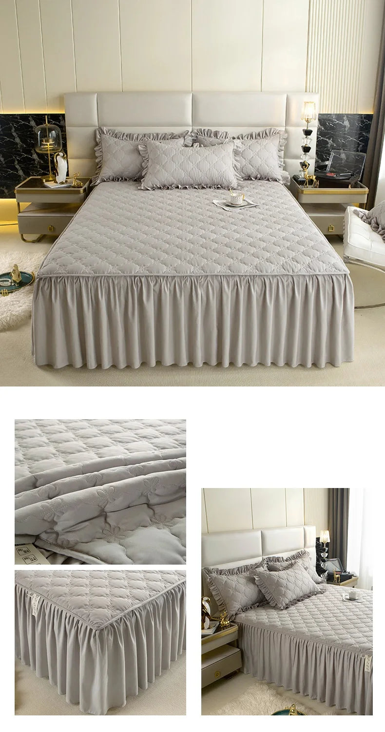 Quilted Solid Color Bed Skirt with Pleated Ruffle