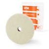 A round, light beige wool polishing pad is shown next to its packaging box.