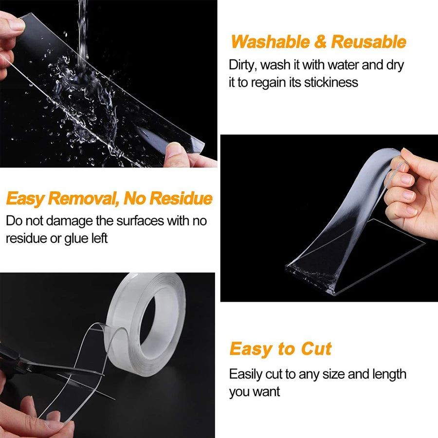 Transparent Nano Double-Sided Tape - Reusable, Waterproof, No-Residue Adhesive