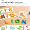A set of wooden letter blocks and cards showing pictures to spell English words like Bird, Dinosaur, Lion, and Elephant.