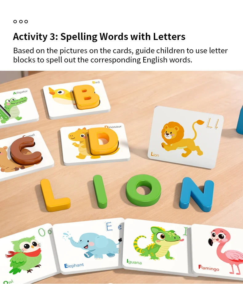 A set of wooden letter blocks and cards showing pictures to spell English words like Bird, Dinosaur, Lion, and Elephant.