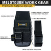 Black Melotough work gear pouch featuring a durable fabric and metal tape measure buckle.
