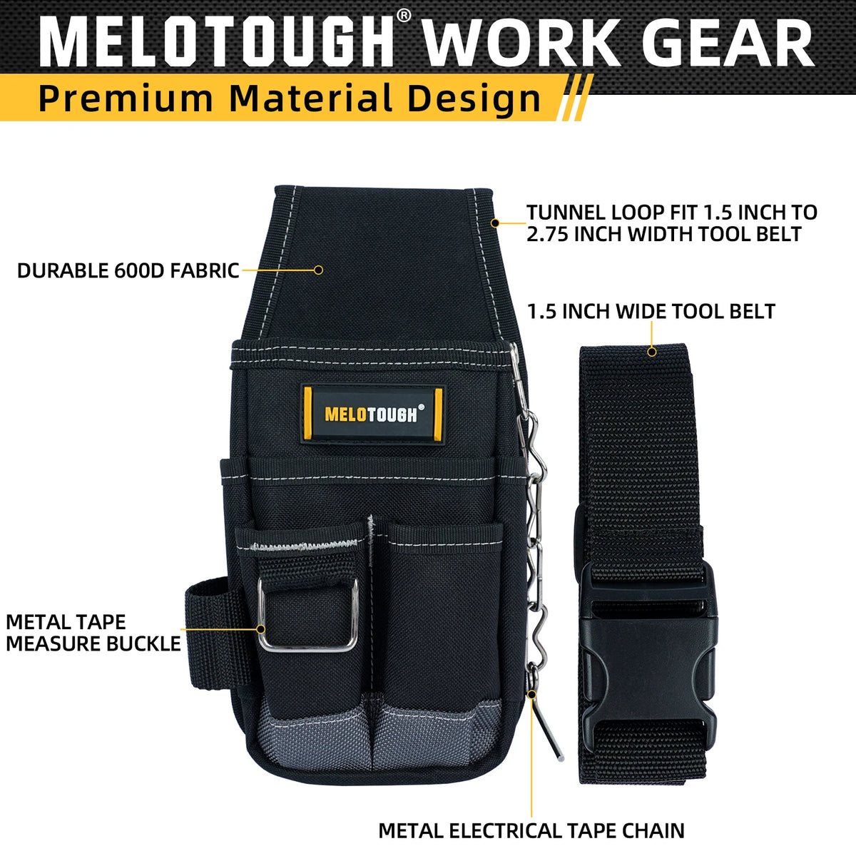 Black Melotough work gear pouch featuring a durable fabric and metal tape measure buckle.