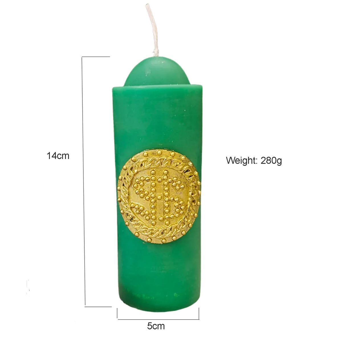 Bougie cylindrique verte en cire de soja avec une bande décorative dorée et une mèche blanche.