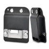 Black clip-on tool belt holster for drills and power tools with silver mounting plate