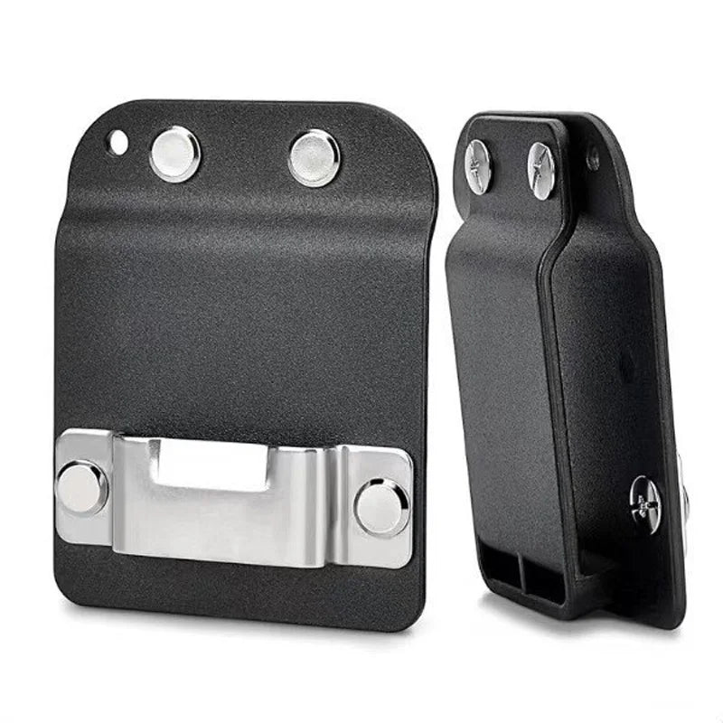 Black clip-on tool belt holster for drills and power tools with silver mounting plate