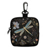Black mini coin purse with a floral and butterfly print featuring soft blue and beige tones.