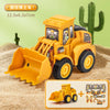 A yellow diecast push-play excavator and bulldozer set for kids shown on sand.