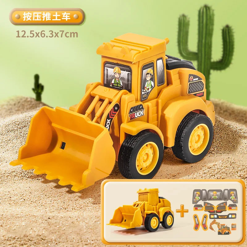A yellow diecast push-play excavator and bulldozer set for kids shown on sand.