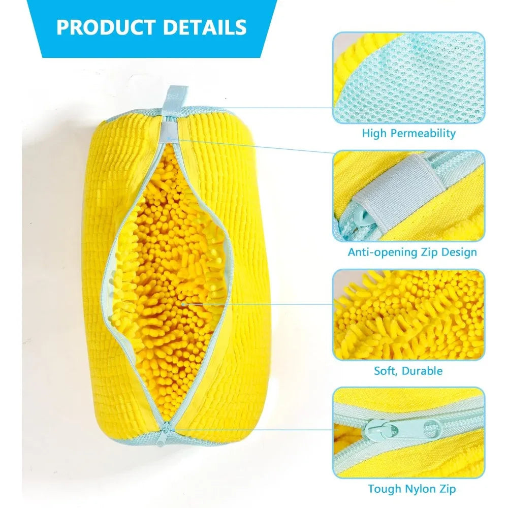 Yellow mesh shoe wash bag showing details of high permeability, anti-opening zip design, soft durable lining, and tough nylon
