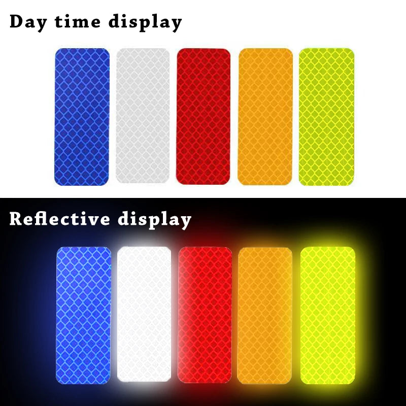 A display showing day time colors and reflective display colors for car safety strips.