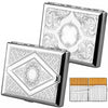 A classic stainless steel cigarette case featuring an embossed swirling pattern, shown with its interior compartments.