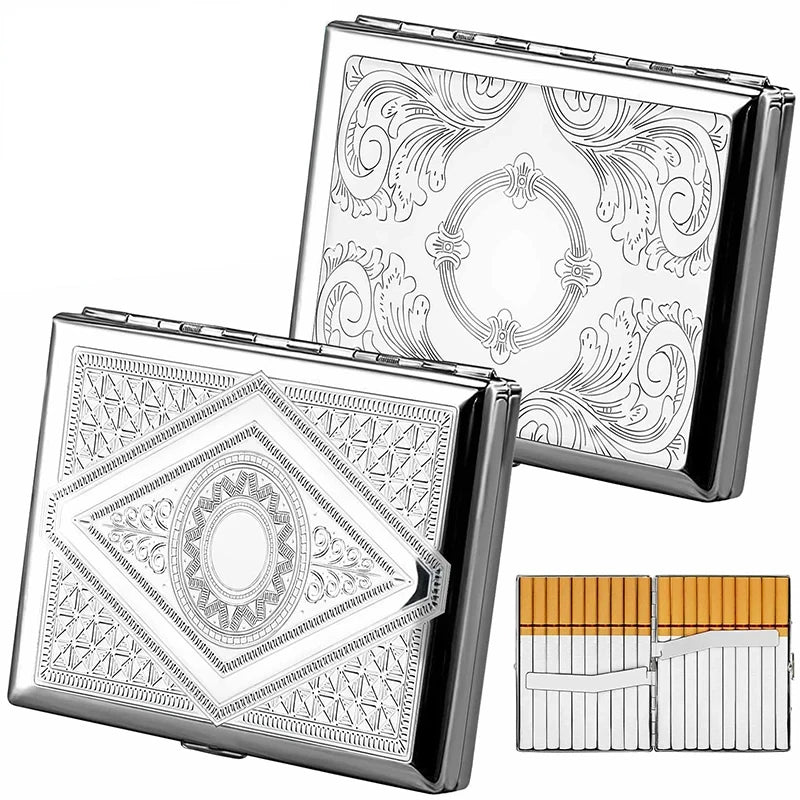 A classic stainless steel cigarette case featuring an embossed swirling pattern, shown with its interior compartments.