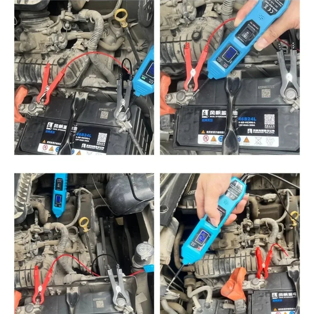 A hand holds a blue automotive circuit tester with an LED voltage display, used for electrical testing.