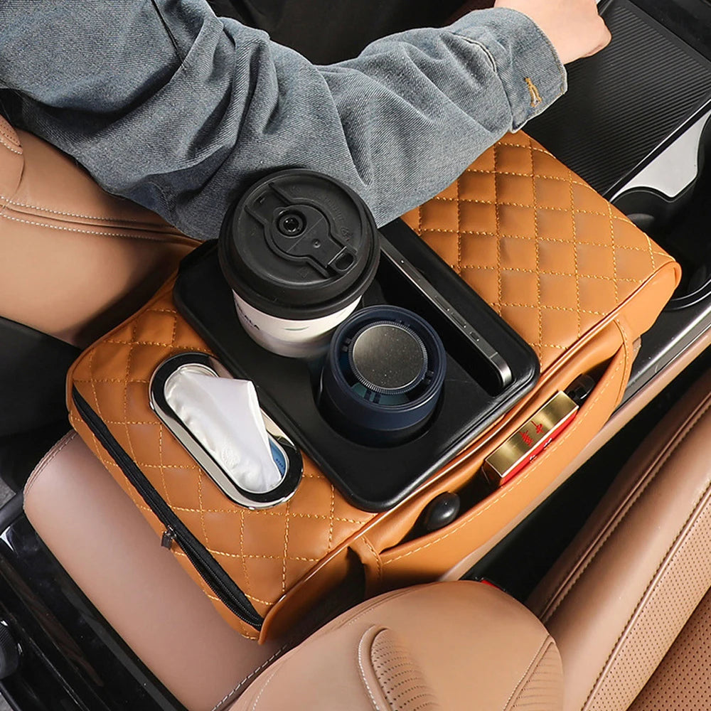 Multifunctional Car Armrest Cushion with Storage and Cup Holder