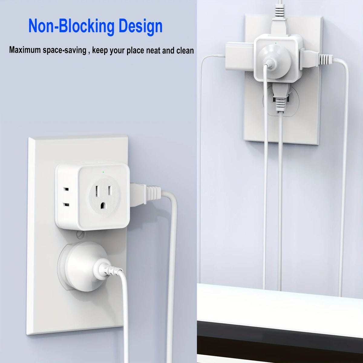 Multiprise murale blanche sans blocage avec plusieurs prises et ports USB installée sur un mur.