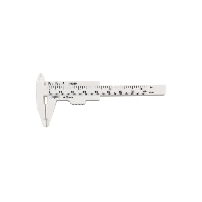A white plastic vernier caliper tool used for inside, outside, depth, and step measurements.