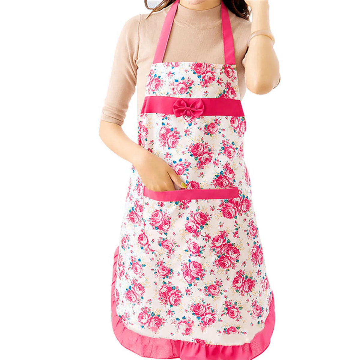 Floral Print Kitchen Apron with Pockets and Adjustable Waist