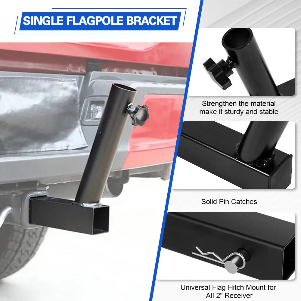 A single flagpole bracket shown mounted on a vehicle, highlighting its sturdy design and solid pin catches.