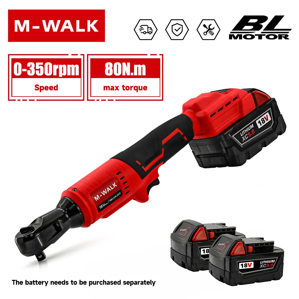 Red M-WALK cordless right angle ratchet wrench with brushless motor and battery pack