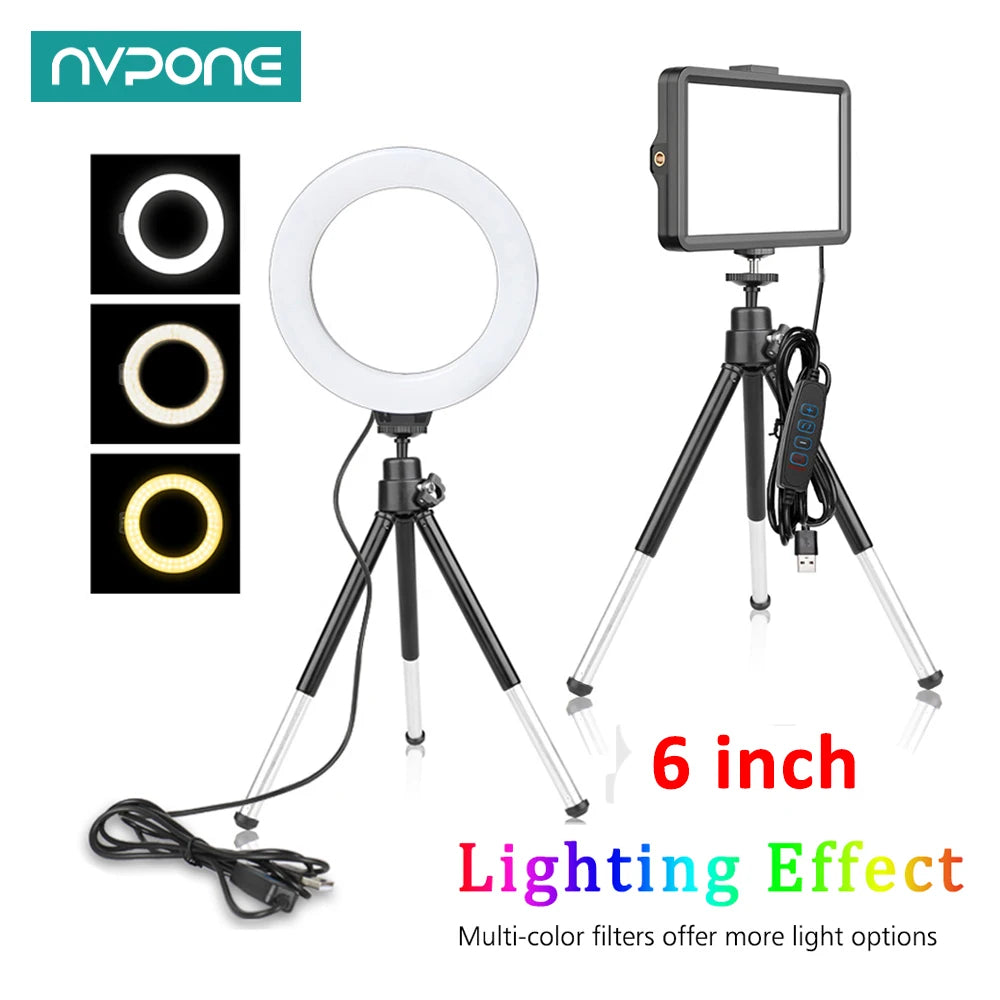 A 6 inch RGB LED video light panel with a tripod and remote control for lighting effects.