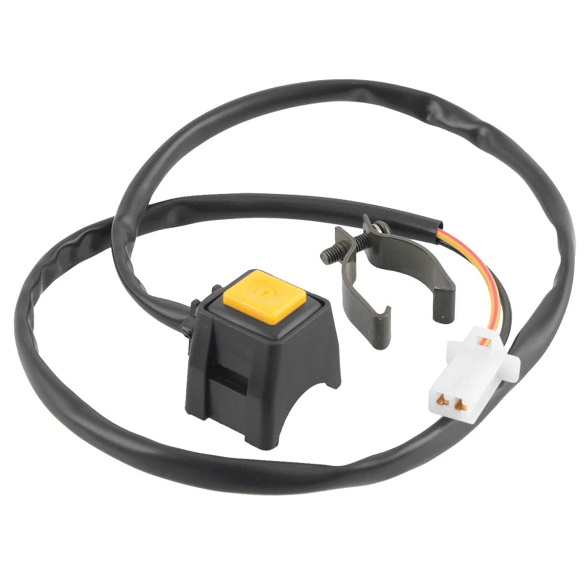 Black electrical cable with a yellow switch and white connector for a motorcycle handlebar kill switch
