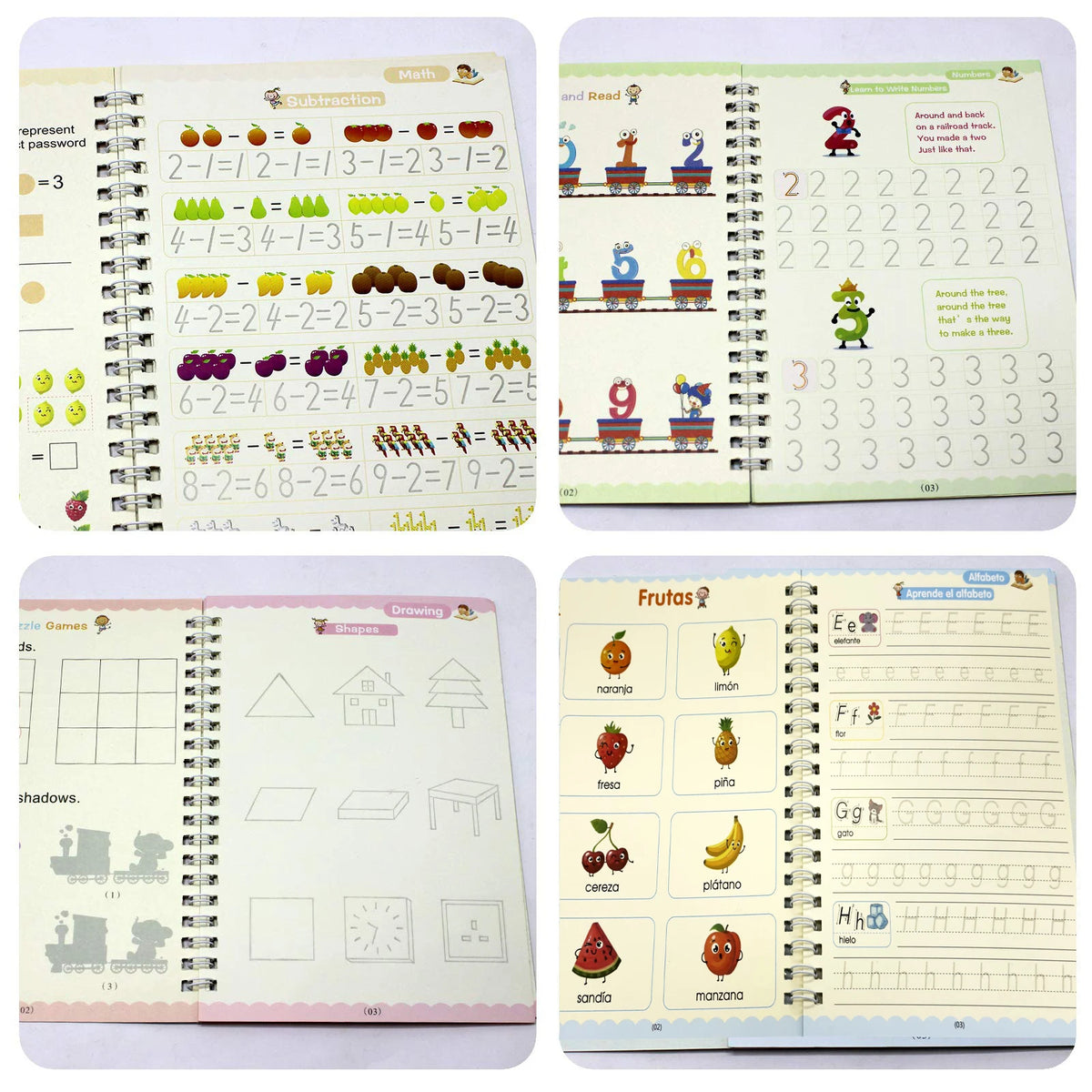 A set of reusable handwriting practice books for kids featuring math, sound, and drawing exercises.