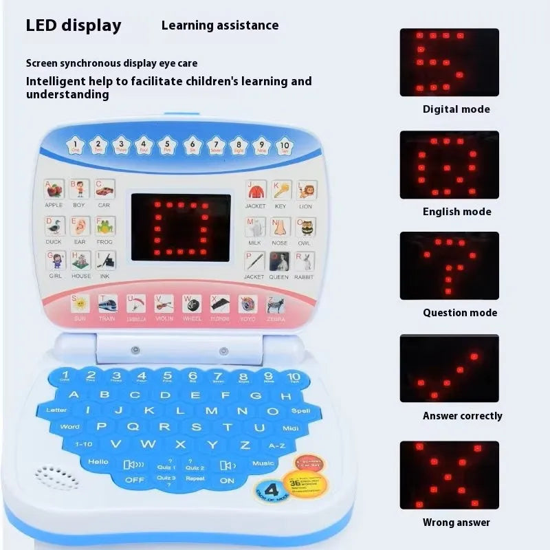 A white mini educational laptop toy with an LED display showing various modes like digital, English, question, and answer fee