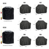 Various sizes of black heavy duty waterproof grill covers shown with corresponding dimensions.
