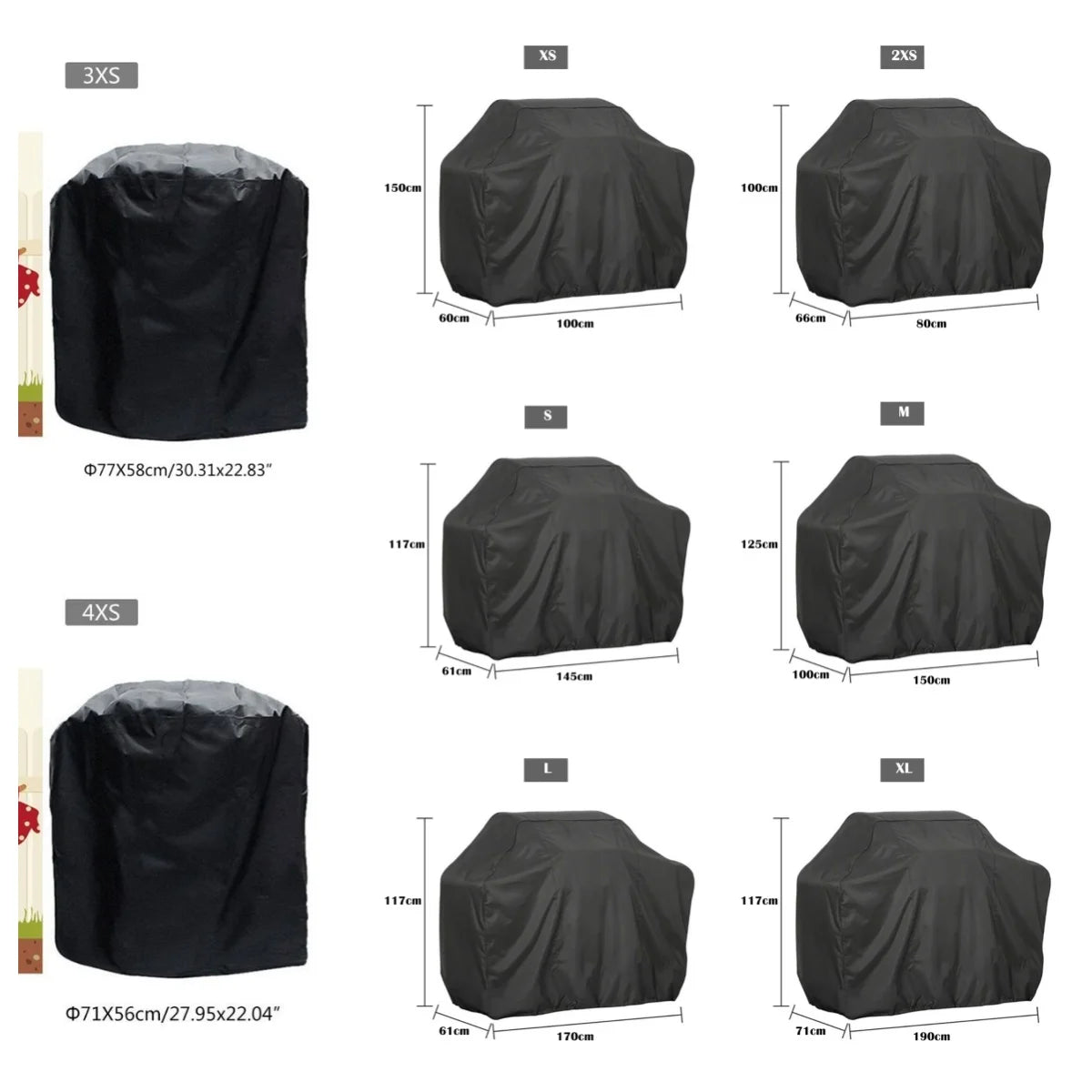 Various sizes of black heavy duty waterproof grill covers shown with corresponding dimensions.
