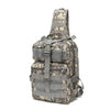 A camouflage patterned crossbody chest bag with multiple zipper compartments and a MOLLE system.