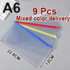 A transparent document organizer showing nine colored pens inside, with dimensions marked.