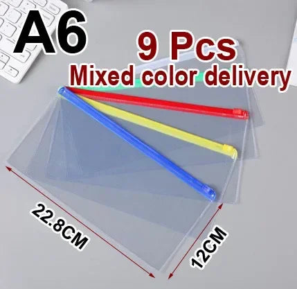 A transparent document organizer showing nine colored pens inside, with dimensions marked.