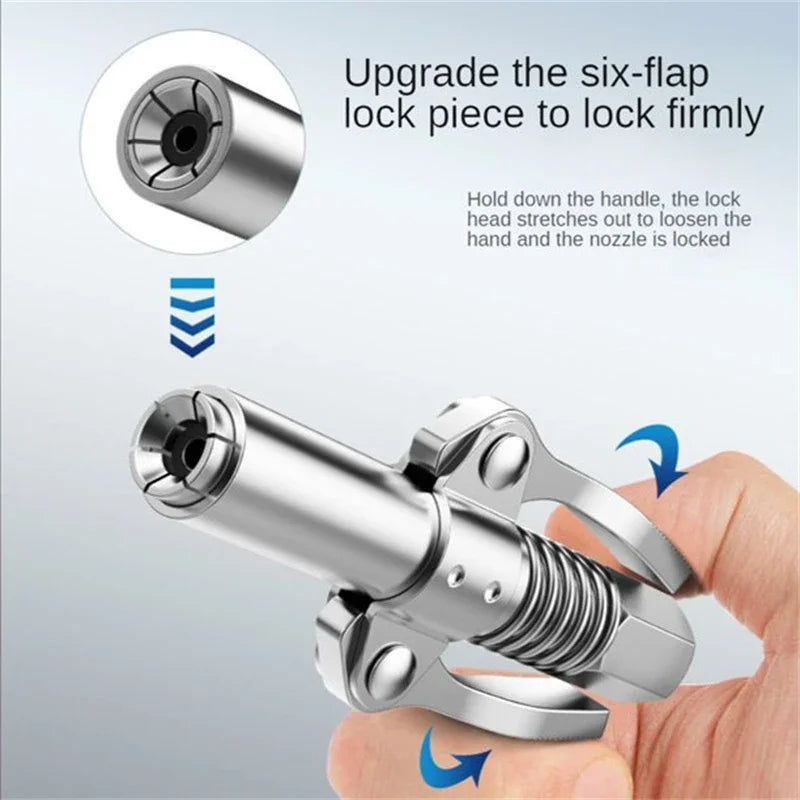 A hand is shown using a heavy-duty grease gun coupler to tighten and secure the nozzle.