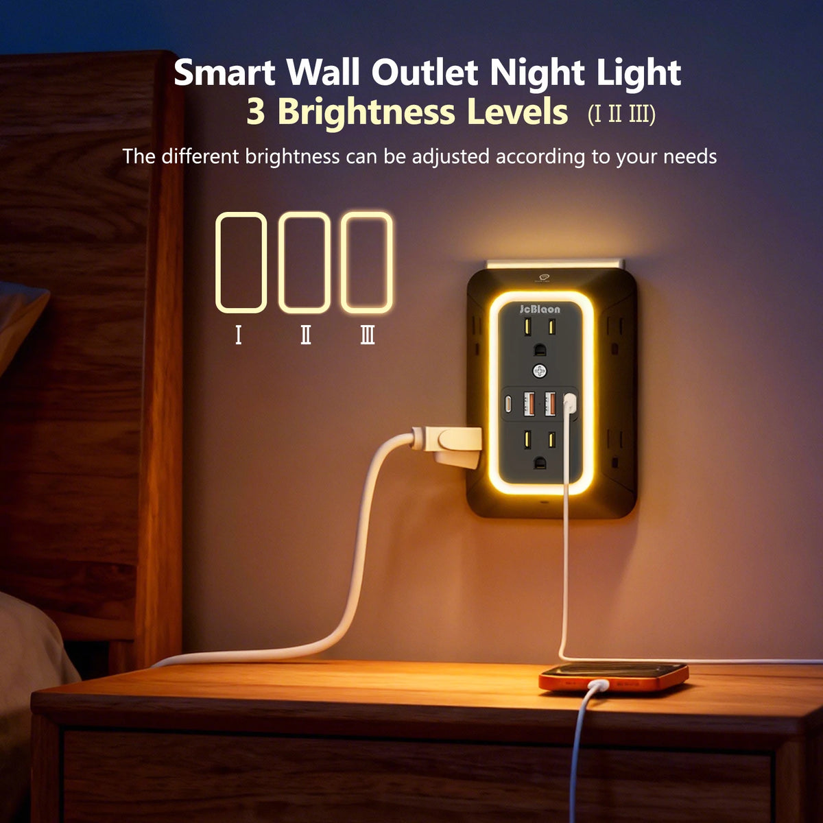 A smart wall outlet night light with three brightness levels illuminating a power strip on a wooden surface.