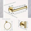 A set of stainless steel bathroom accessories including a toilet paper holder, towel ring, and hooks.